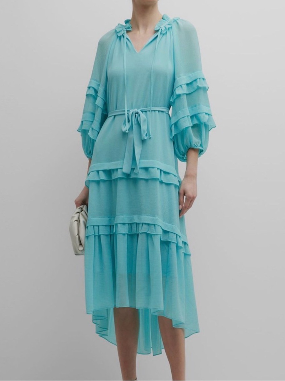 Kobi Halperin Koa Turquoise Chiffon Blouson Sleeve Tiered Ruffle Dress XL